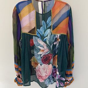 Anthropologie Blink London Peasant Floral Sheer Balloon Sleeve Blouse Sz Small